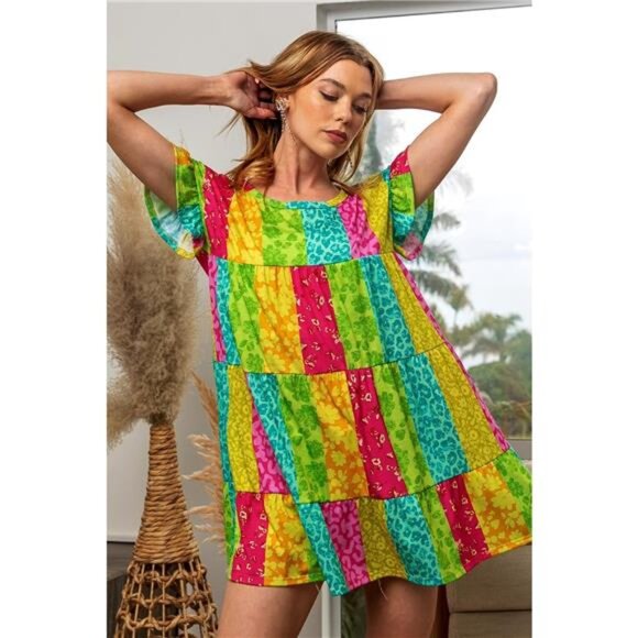 ✨NWT BiBi Leopard Short Sleeve Tiered Dress - Picture 1 of 4